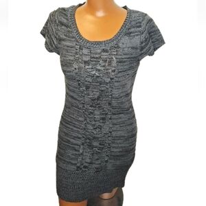 Lei Y2k Babydoll Tunic Sweater Juniors Large Black Marbled Cable Knit Cap Sleeve